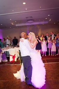 Bride and groom enjoy first dance at the Marriott Hotel in Waltham Abbey, Essex
